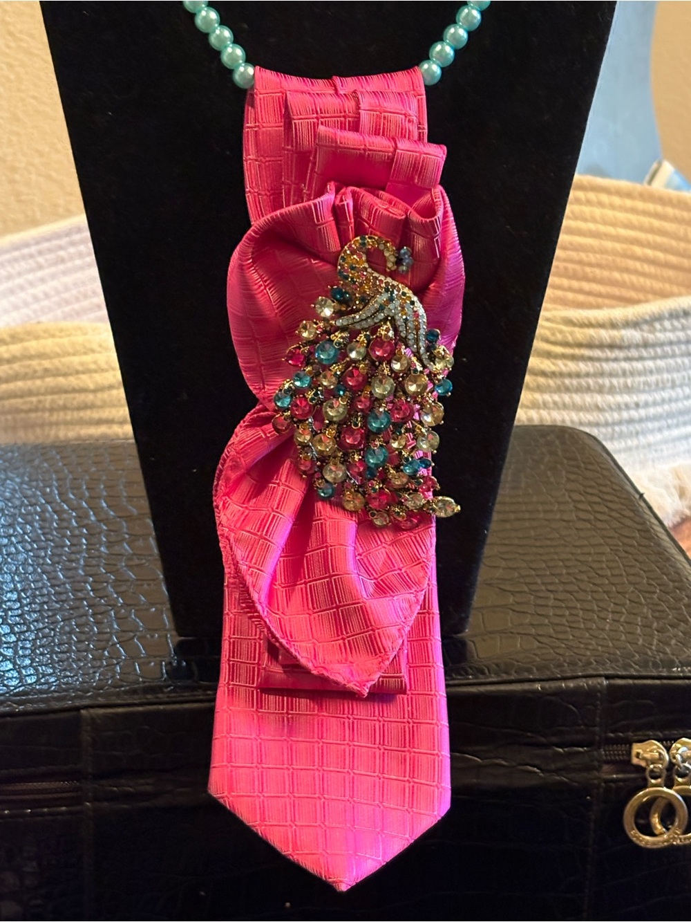 Hot Pink Satin Tie Necklace with Multicolor Rhinestone Peacock Brooch
